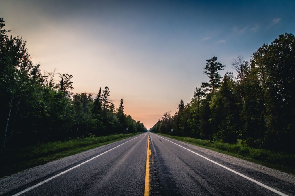 A serene view of a tree-lined road in Michigan at twilight, capturing calm and tranquility.