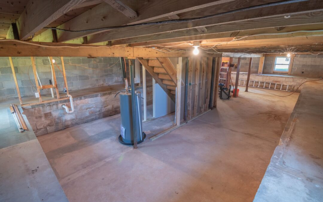 Empty basement with exposed beams and plumbing pipes, ideal for renovation.