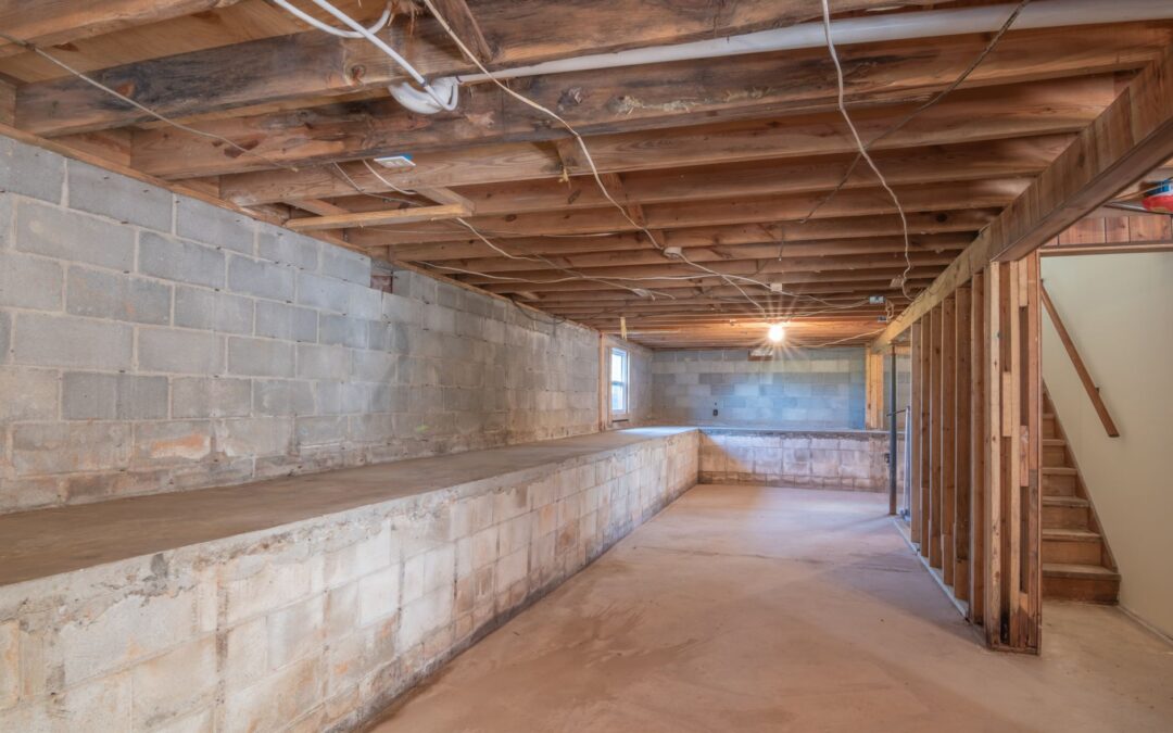 Empty basement with exposed wooden beams, concrete walls and stairs.