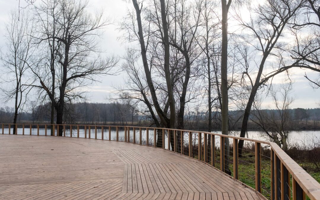 A serene wooden terrace with bare trees overlooking a calm lake during winter in Arkhangel'skoe, Russia.