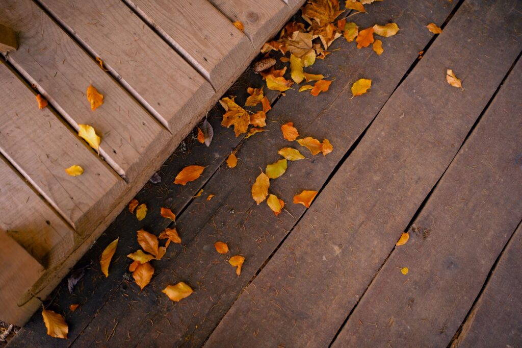 Scattered autumn leaves on a rustic wooden deck evoke fall's essence.
